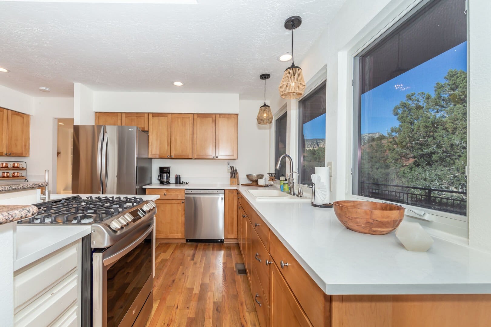 Modern kitchen with wooden cabinets.