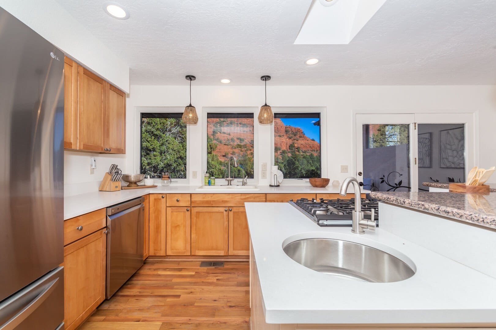 Modern kitchen with mountain view.