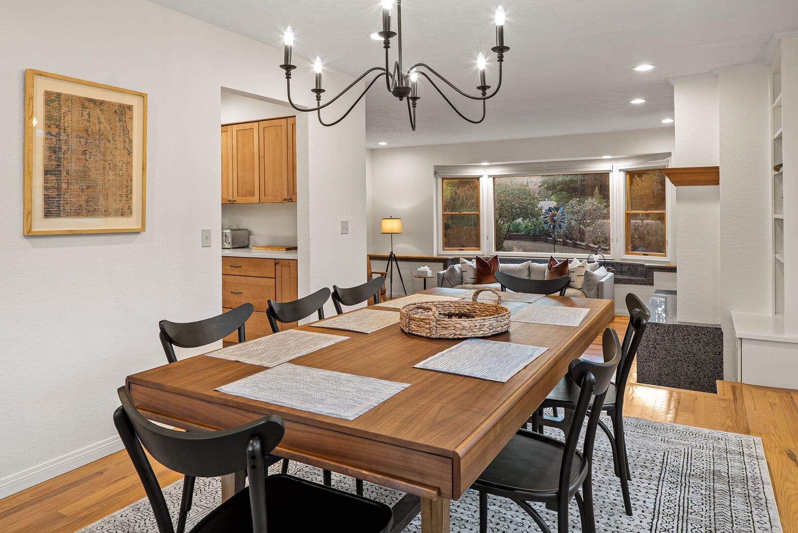 Dining room with wooden table.