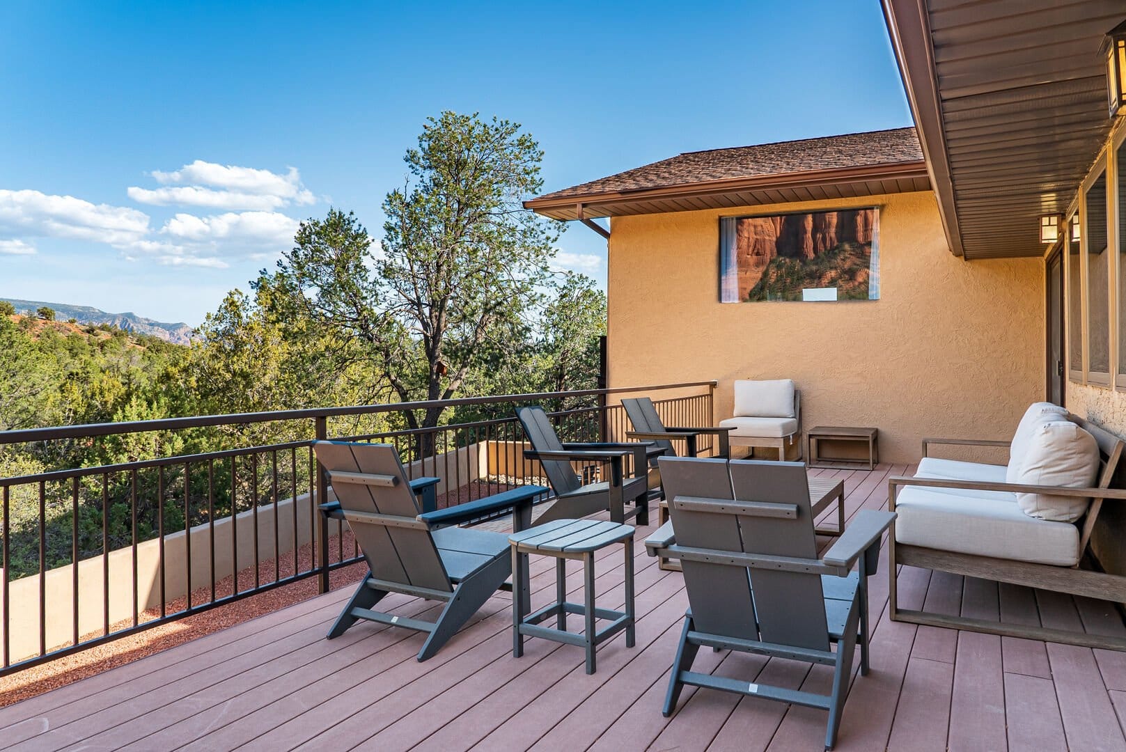 Patio with chairs and tables.