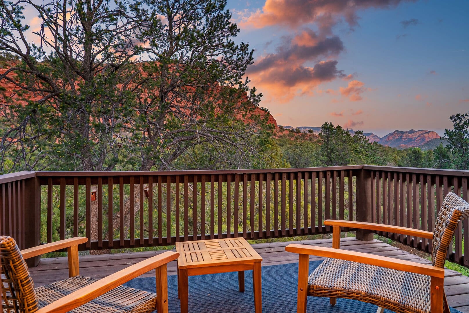 Deck chairs with mountain view.