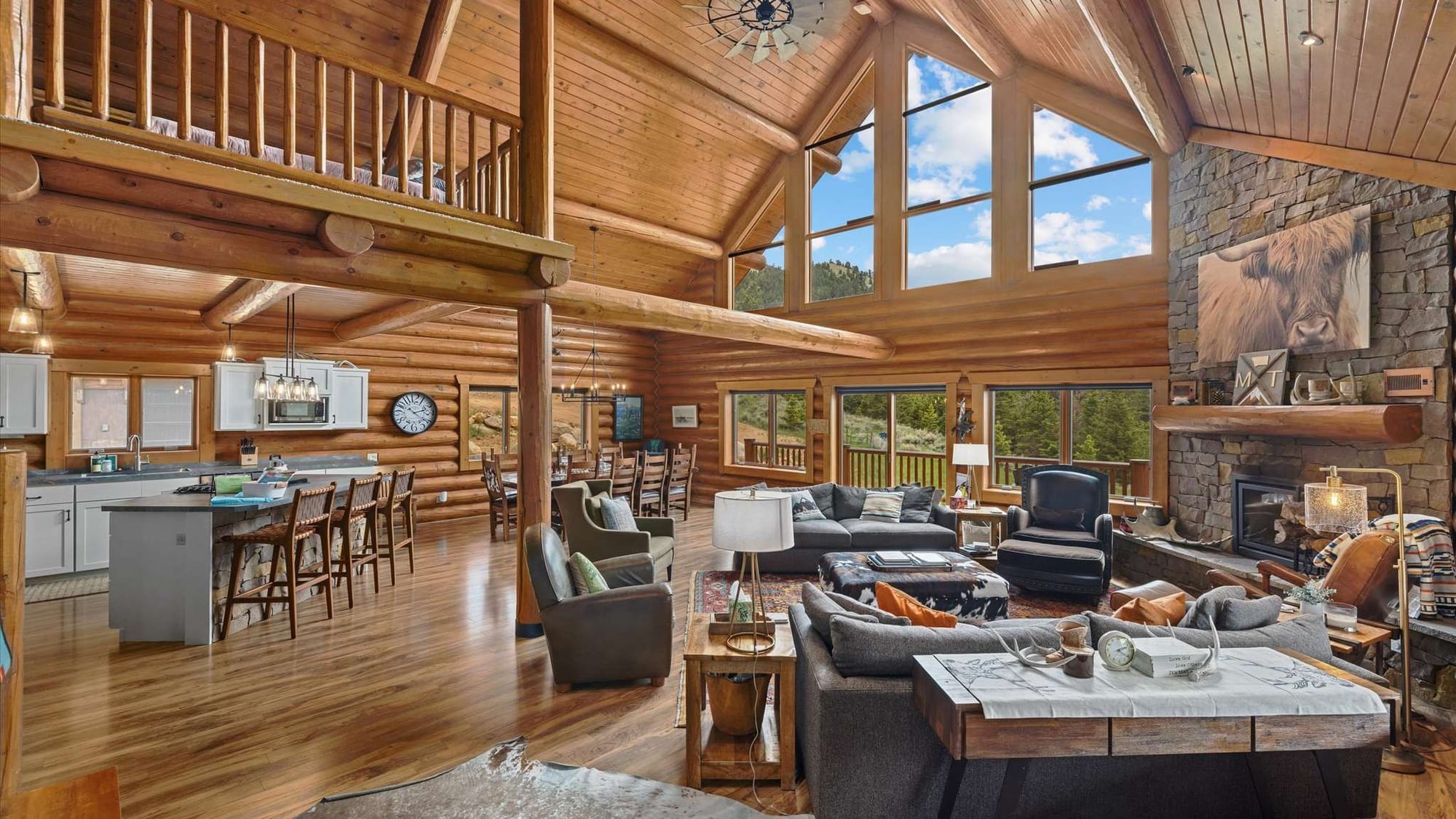Rustic open-plan cabin interior, cozy.