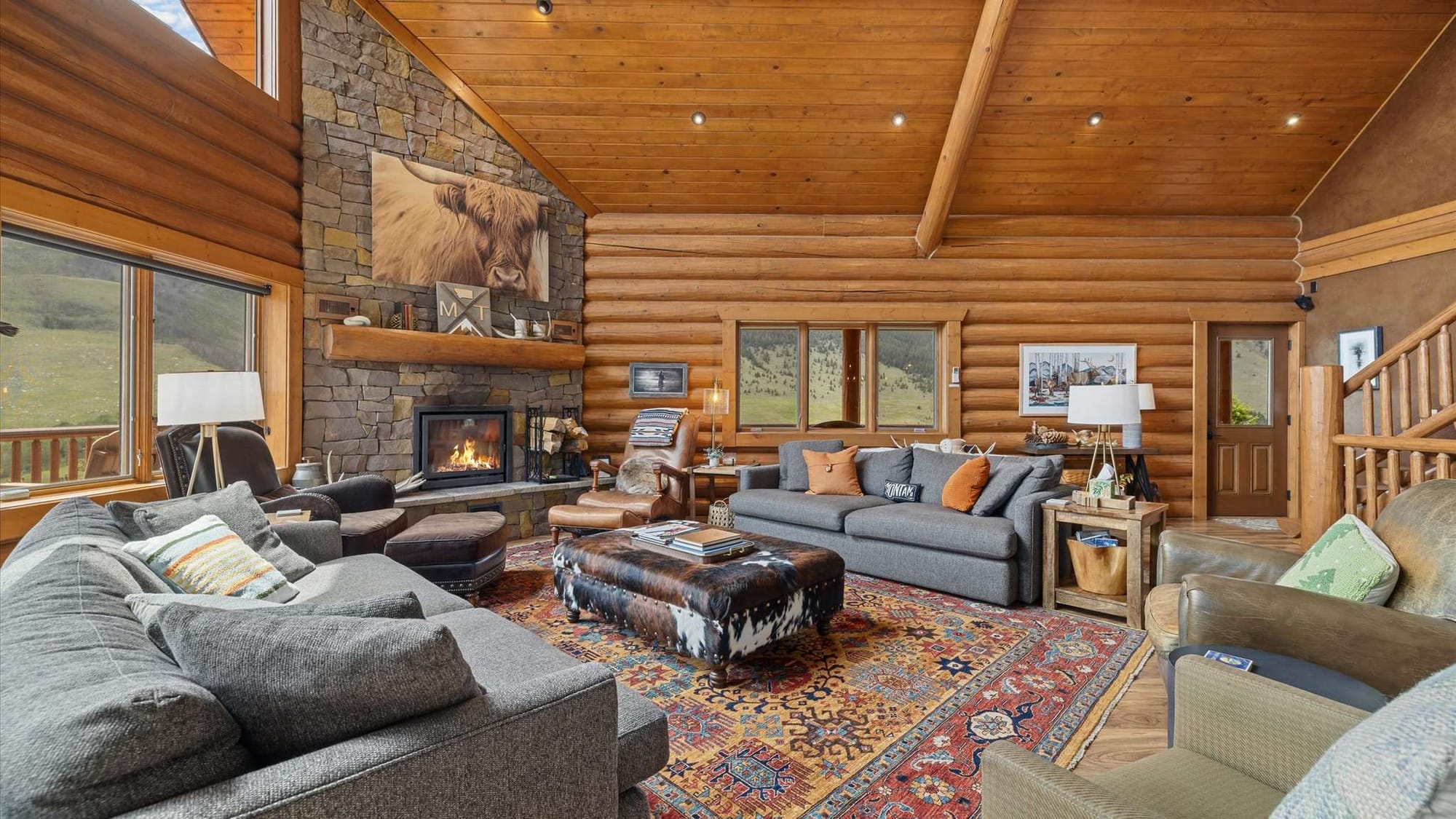 Rustic living room with fireplace.
