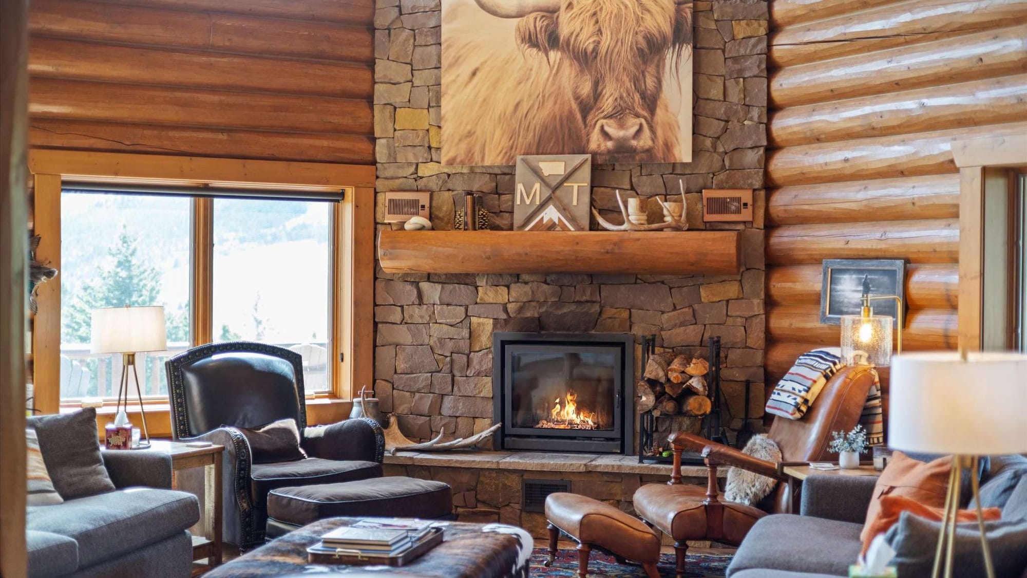 Cozy cabin living room, fireplace.