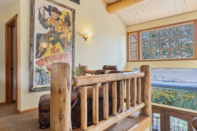 Rustic room with vintage movie poster.