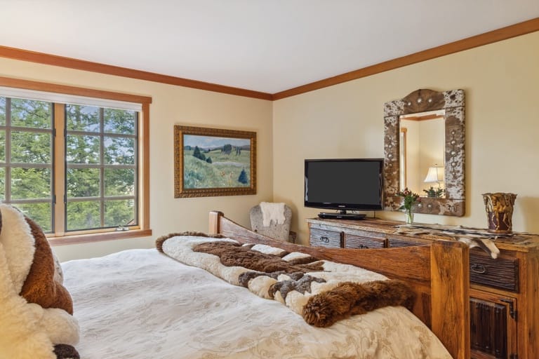 Cozy bedroom with rustic decor.