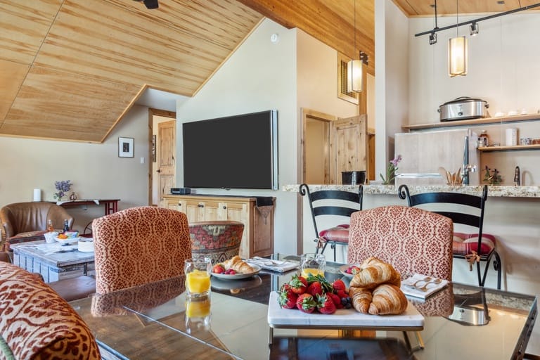 Cozy living room with breakfast setup.