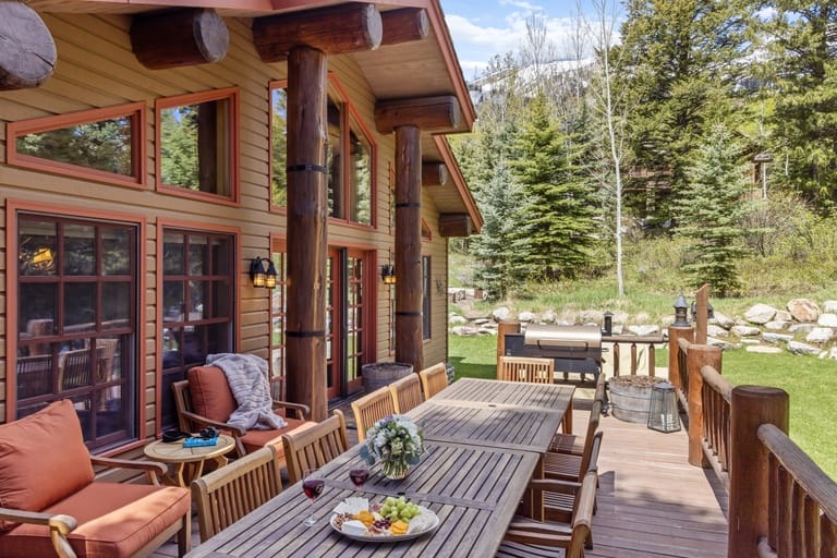 Outdoor patio with dining table.