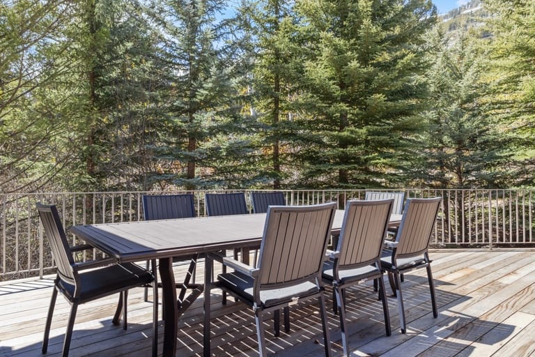 Outdoor patio table, chairs, trees.