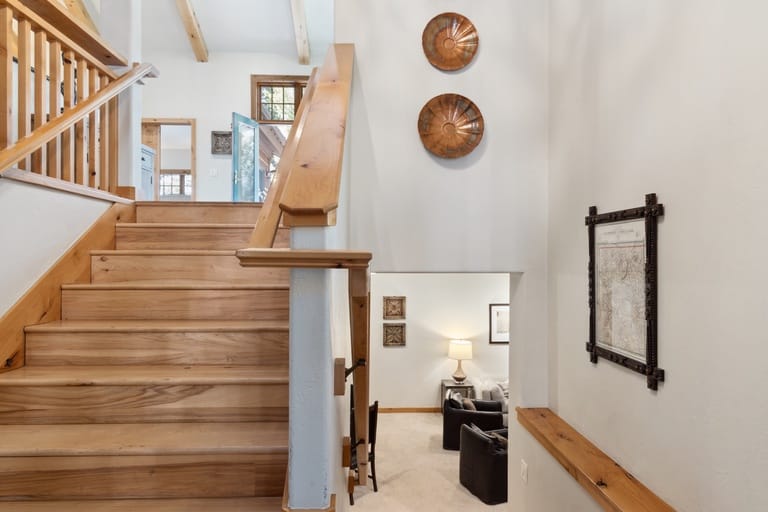 Wooden staircase in cozy home.