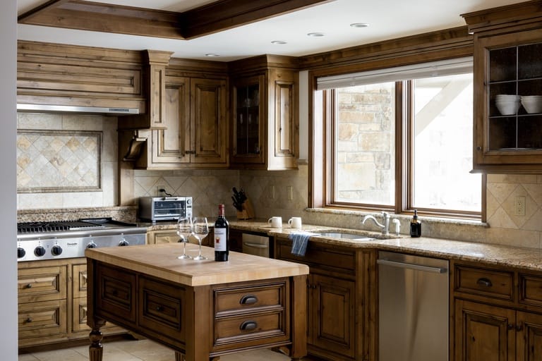 Rustic kitchen with wooden cabinets.