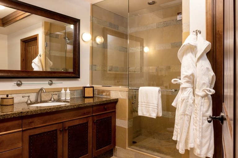 Elegant bathroom with glass shower.