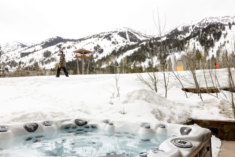 Hot tub with snowy mountain background.