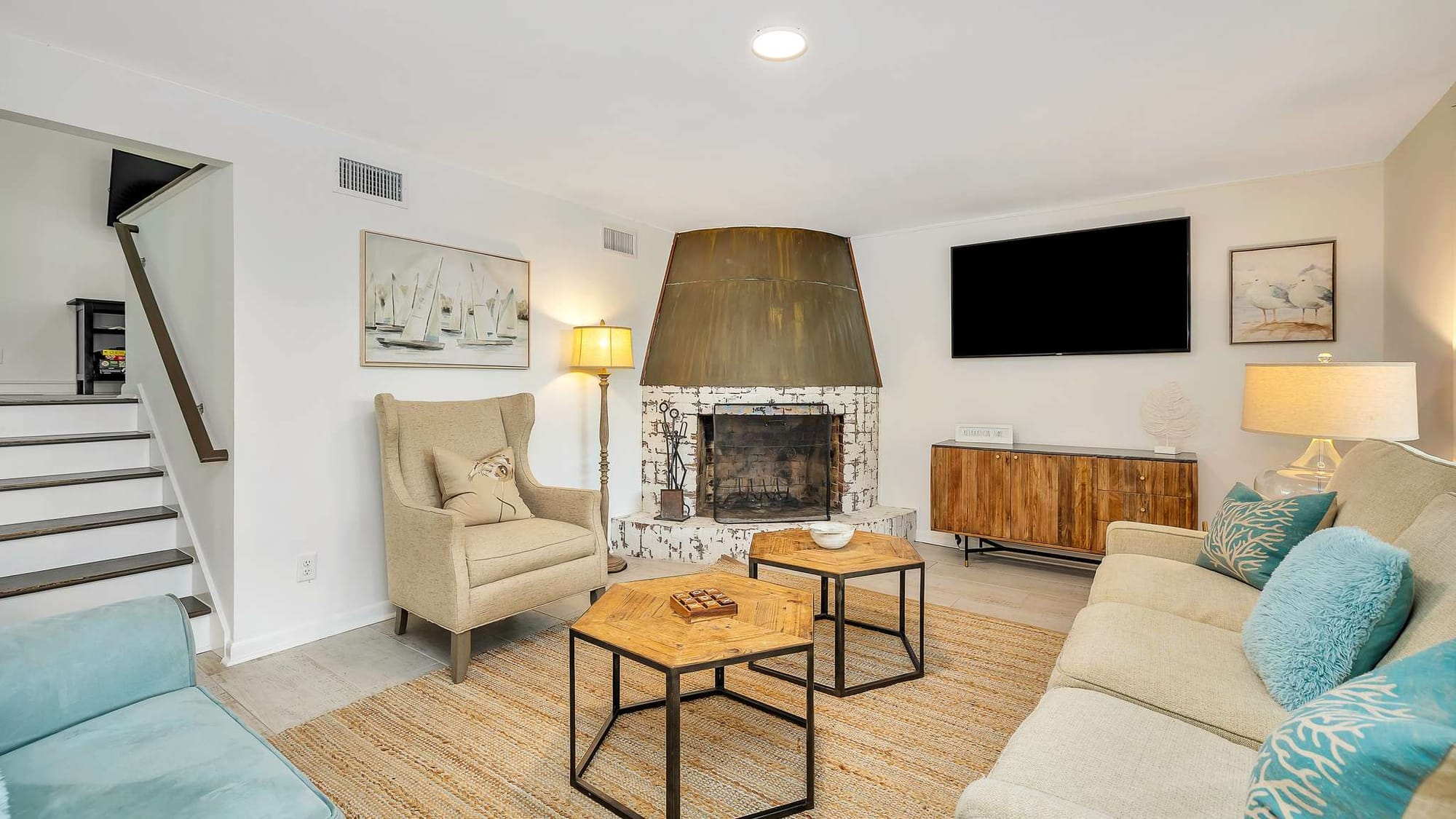 Cozy living room with fireplace.