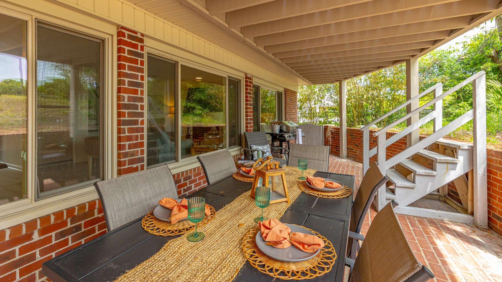 Outdoor patio with dining table.