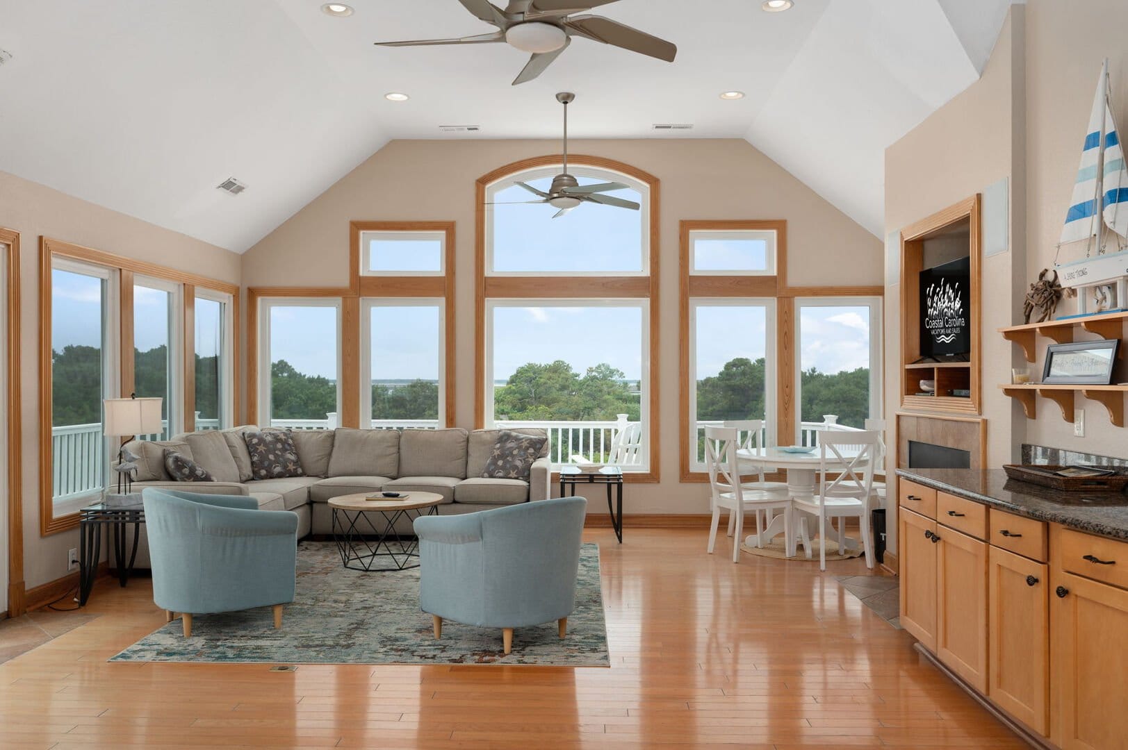 Spacious living room with windows.