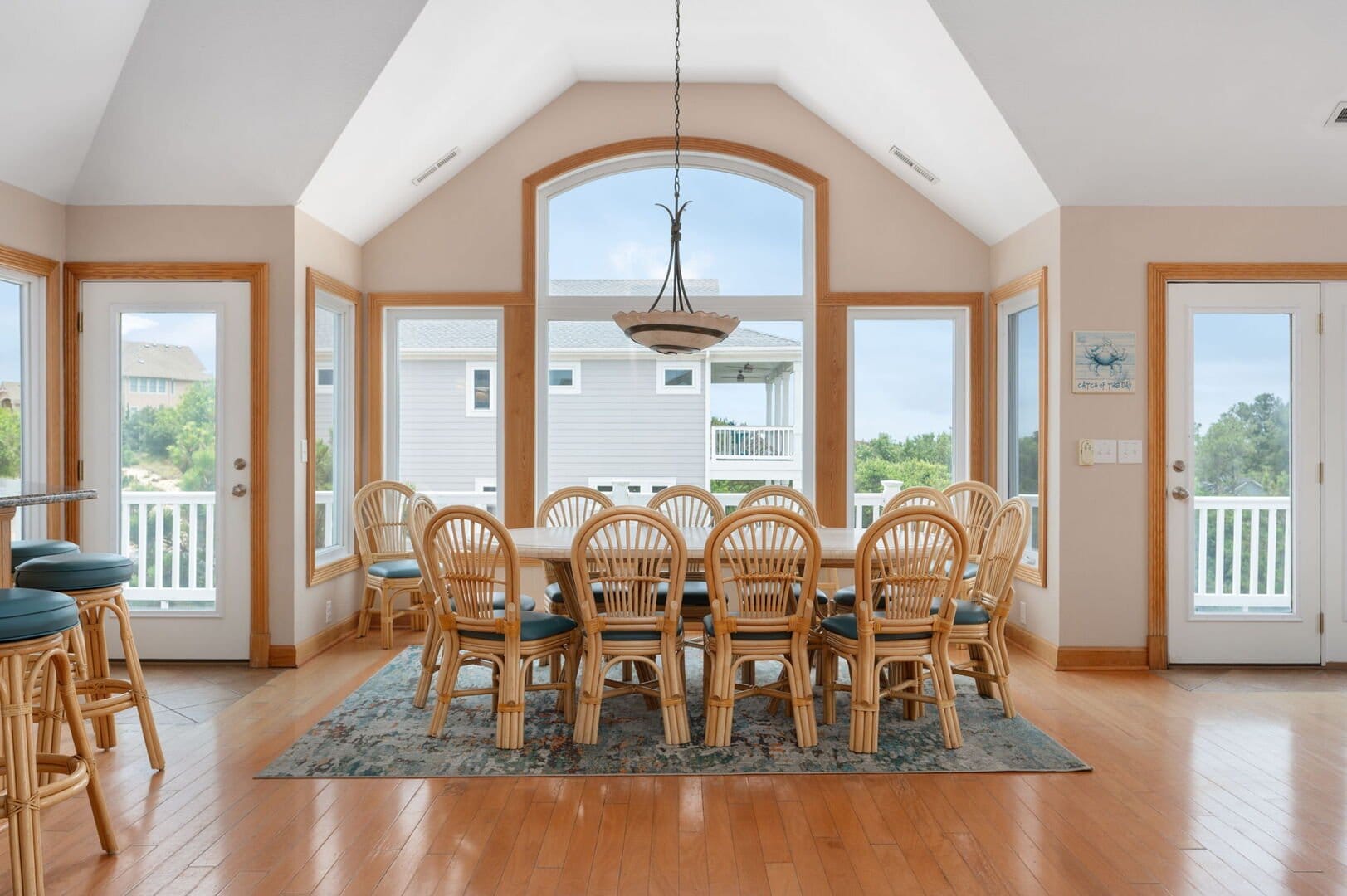 Bright dining room with large table.