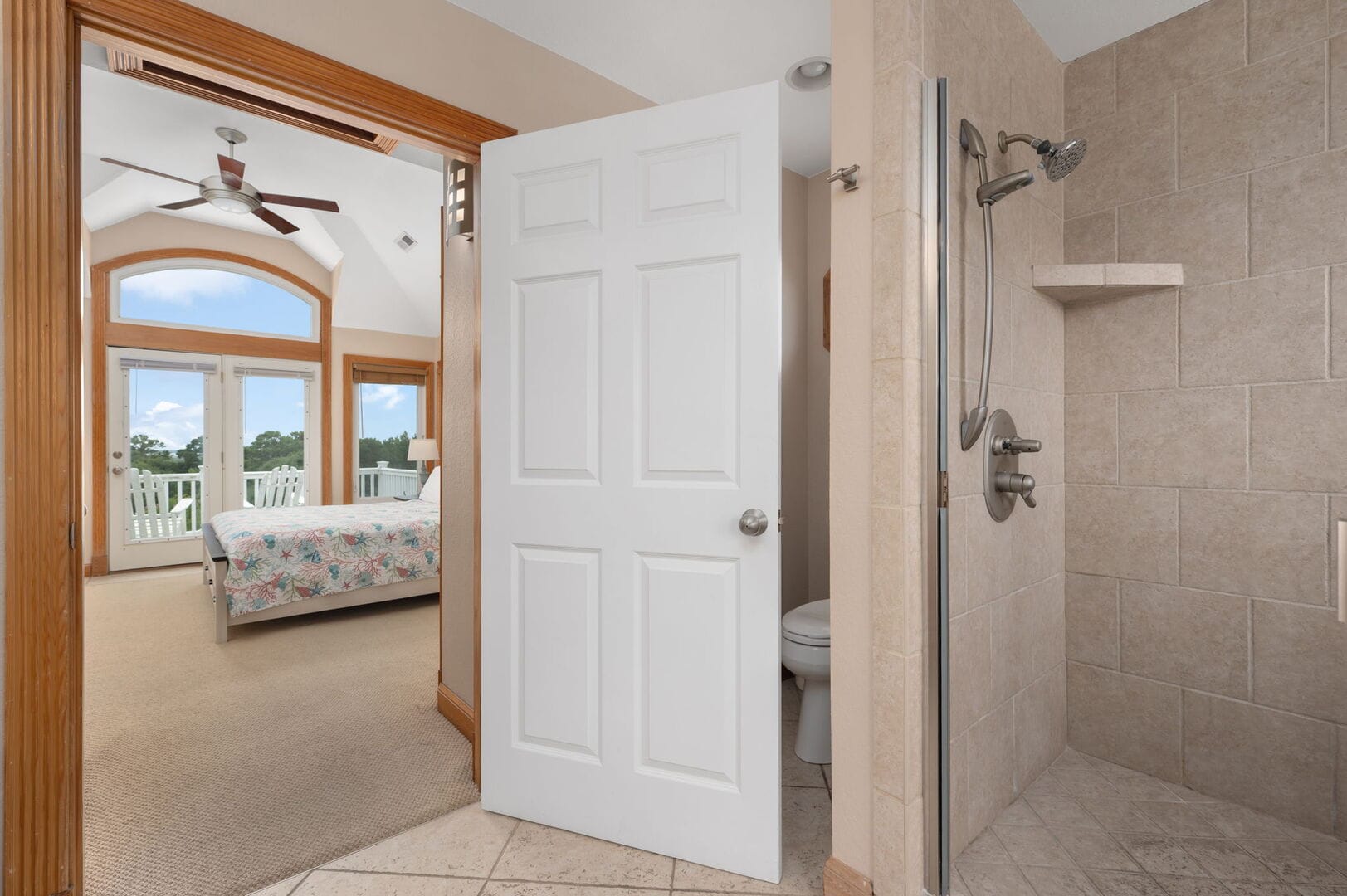 Bathroom view into a bedroom.