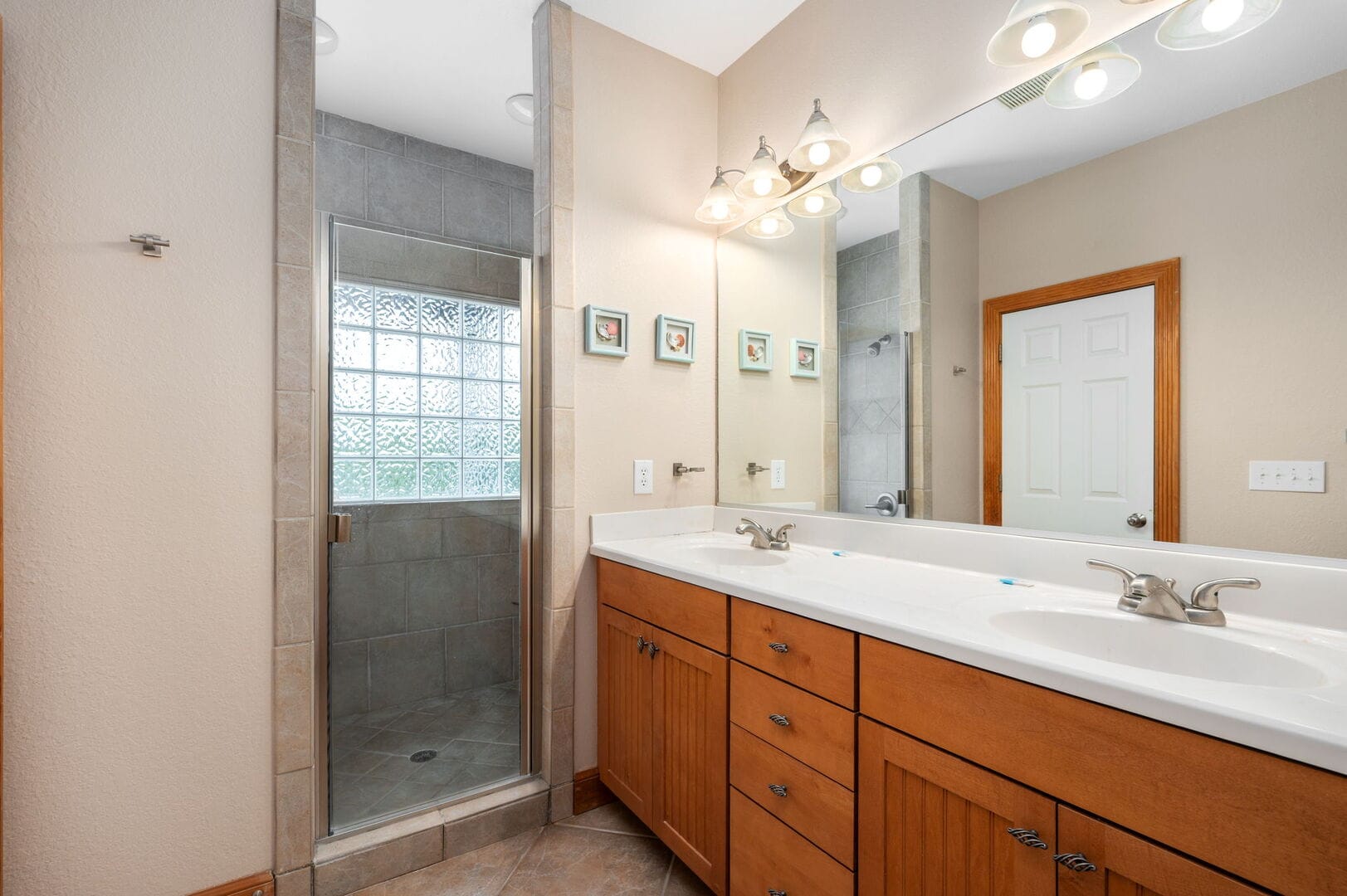 Modern bathroom with double vanity.