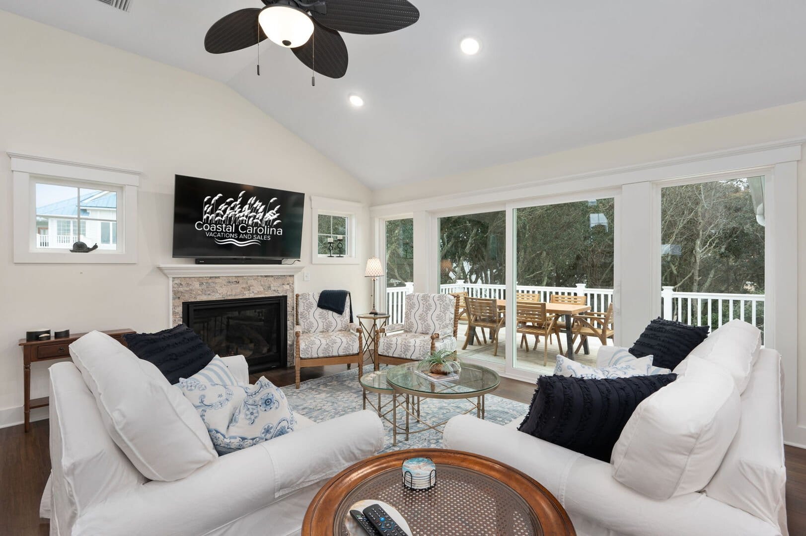 Bright living room with fireplace.
