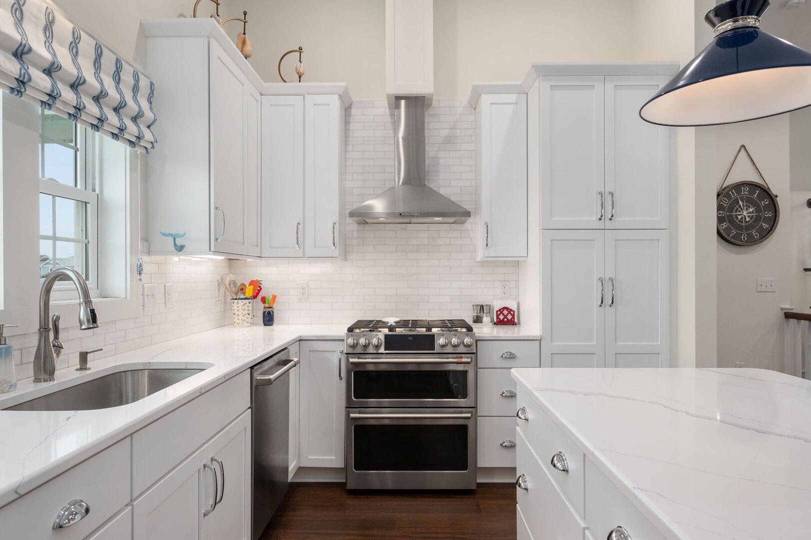 Modern white kitchen with island.