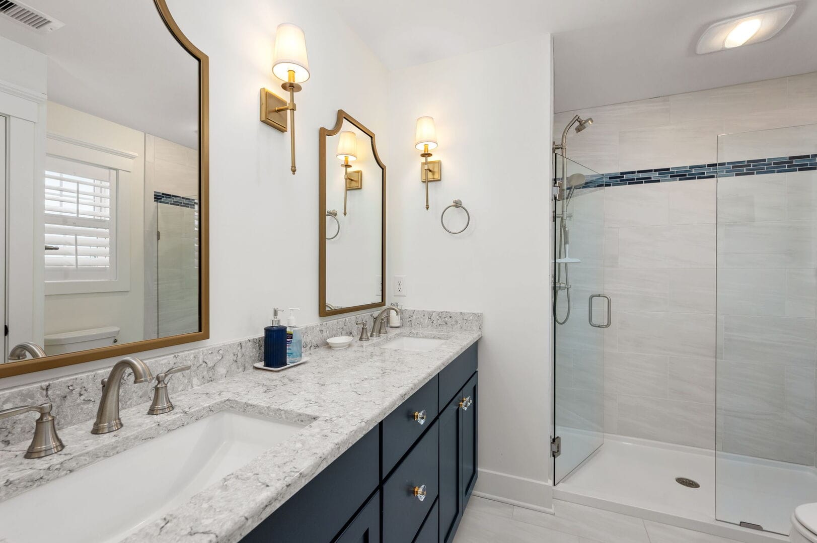 Modern bathroom with double vanity.