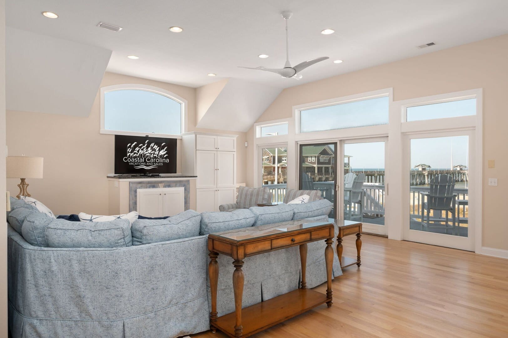 Coastal living room with ocean view.