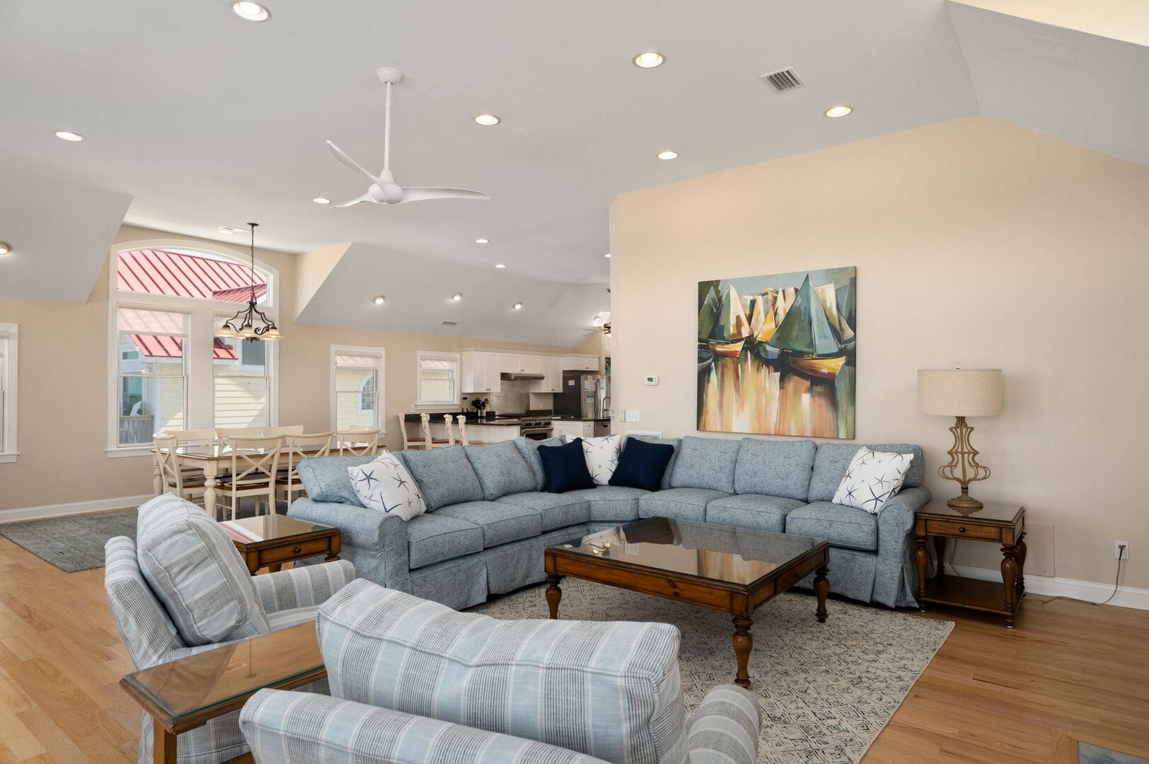 Living room with blue furniture.