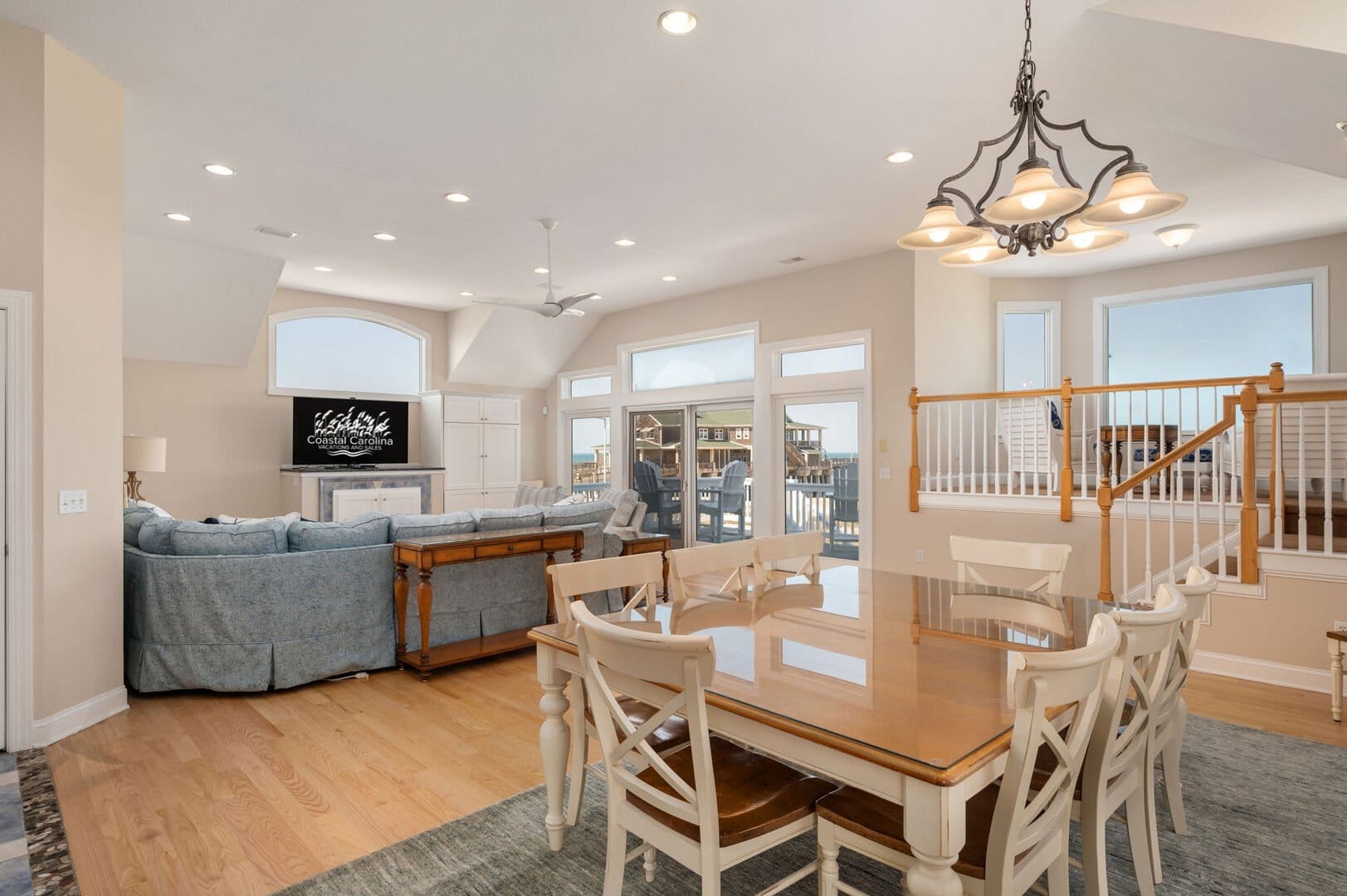 Open living area with dining table.