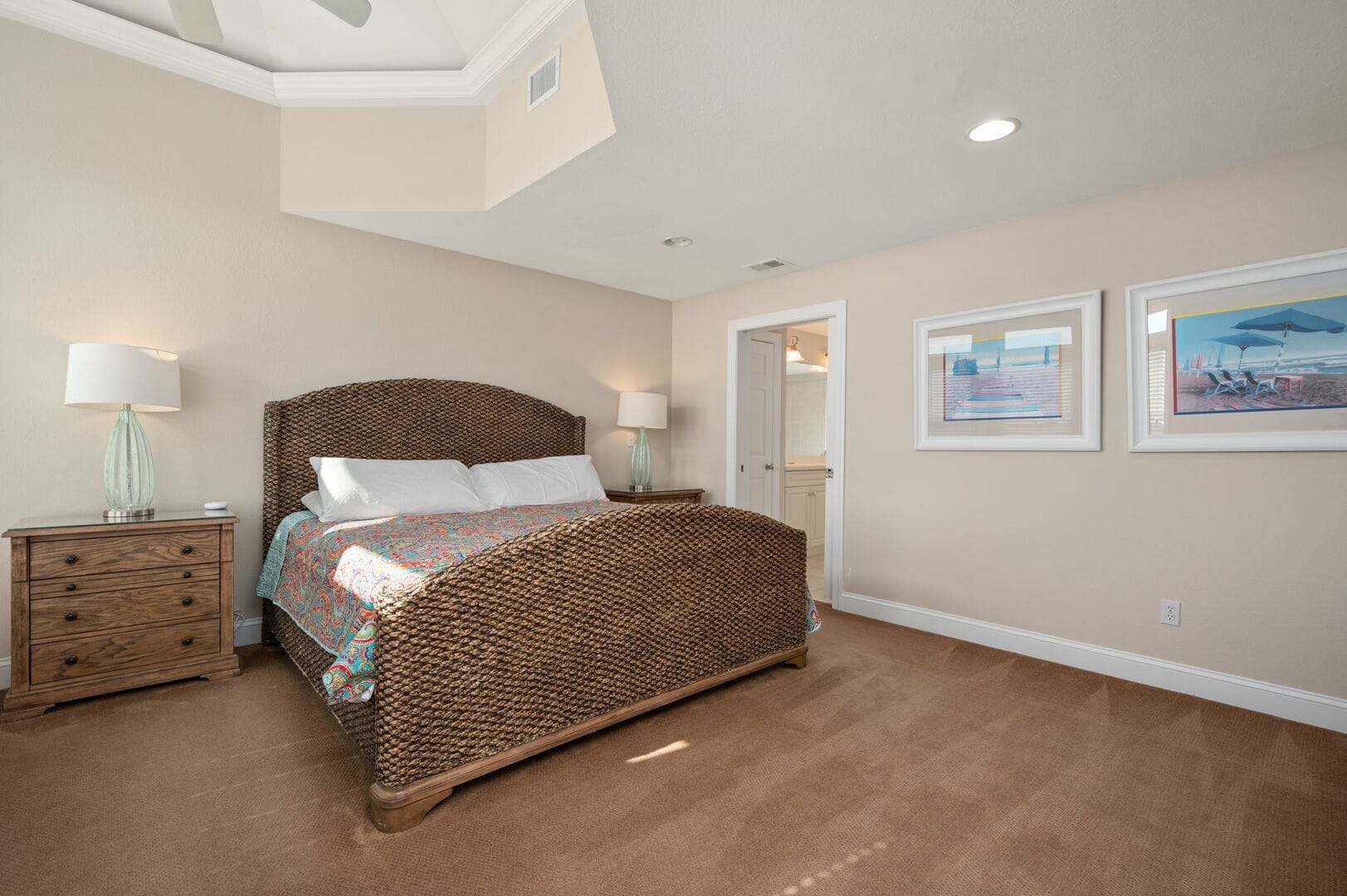 Cozy bedroom with wicker furniture.