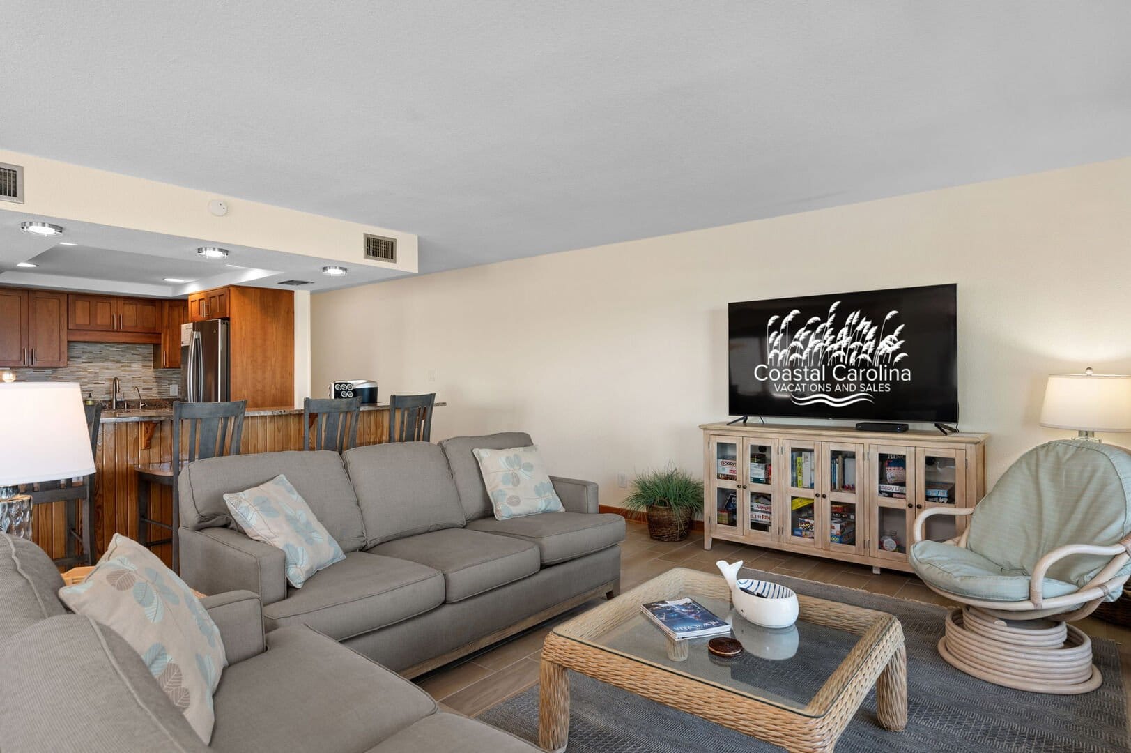 Cozy living room with kitchen.