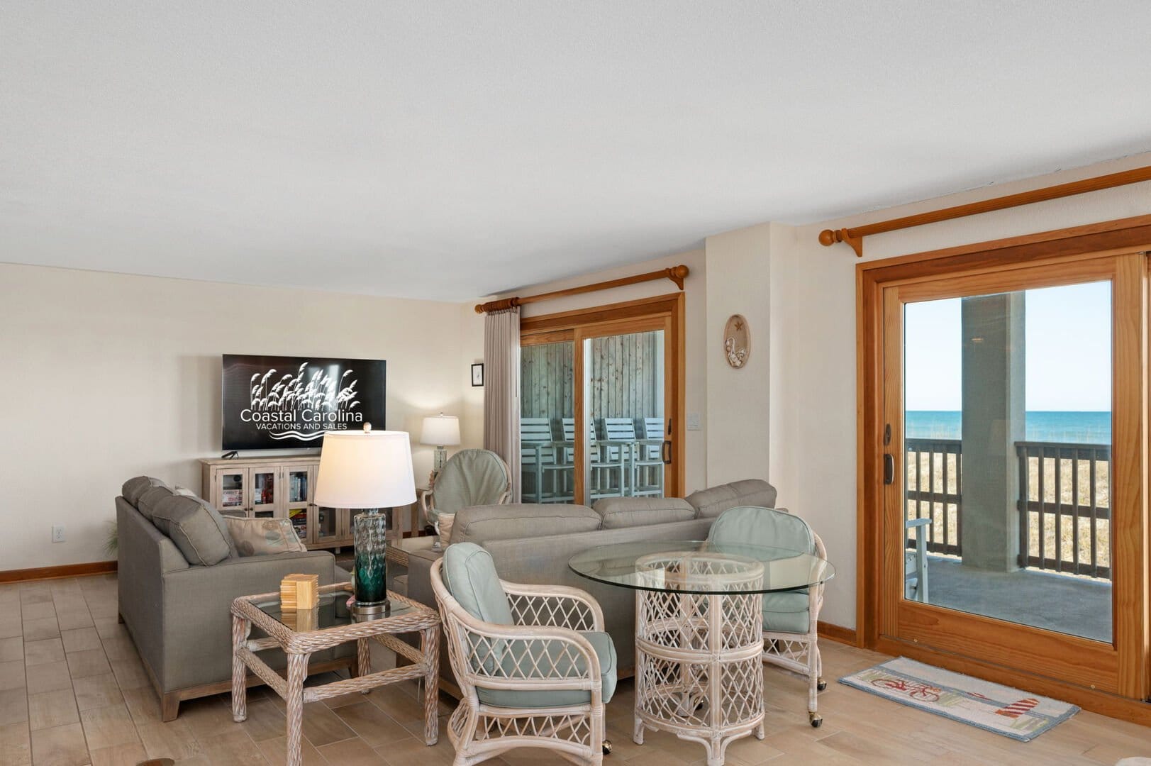 Coastal living room with ocean view.
