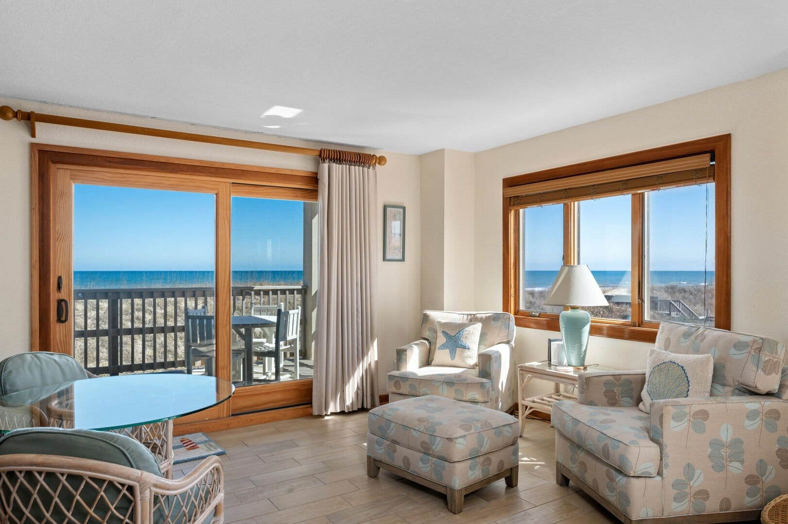 Cozy beachside room with ocean view.