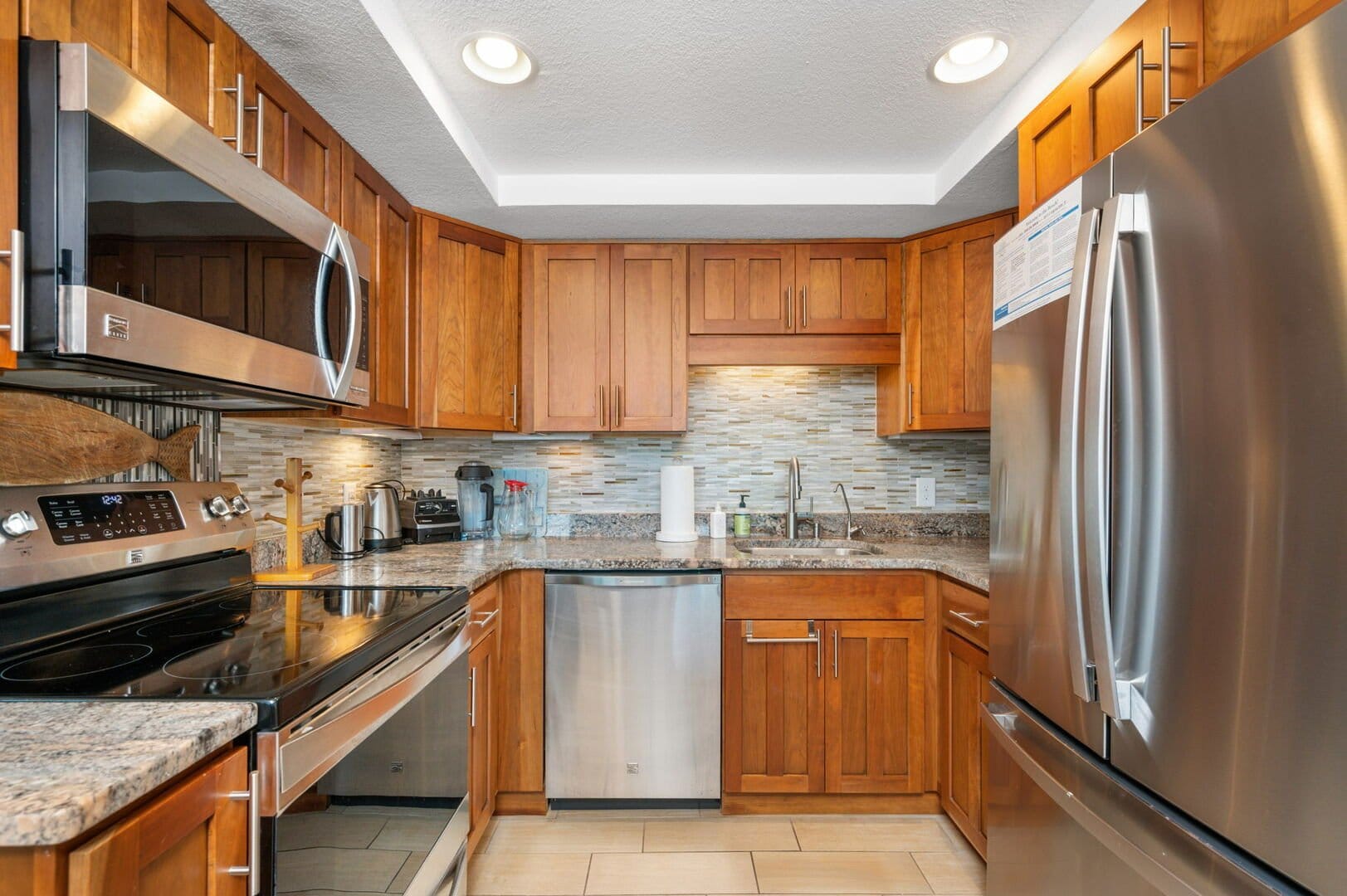 Modern kitchen with wooden cabinets.