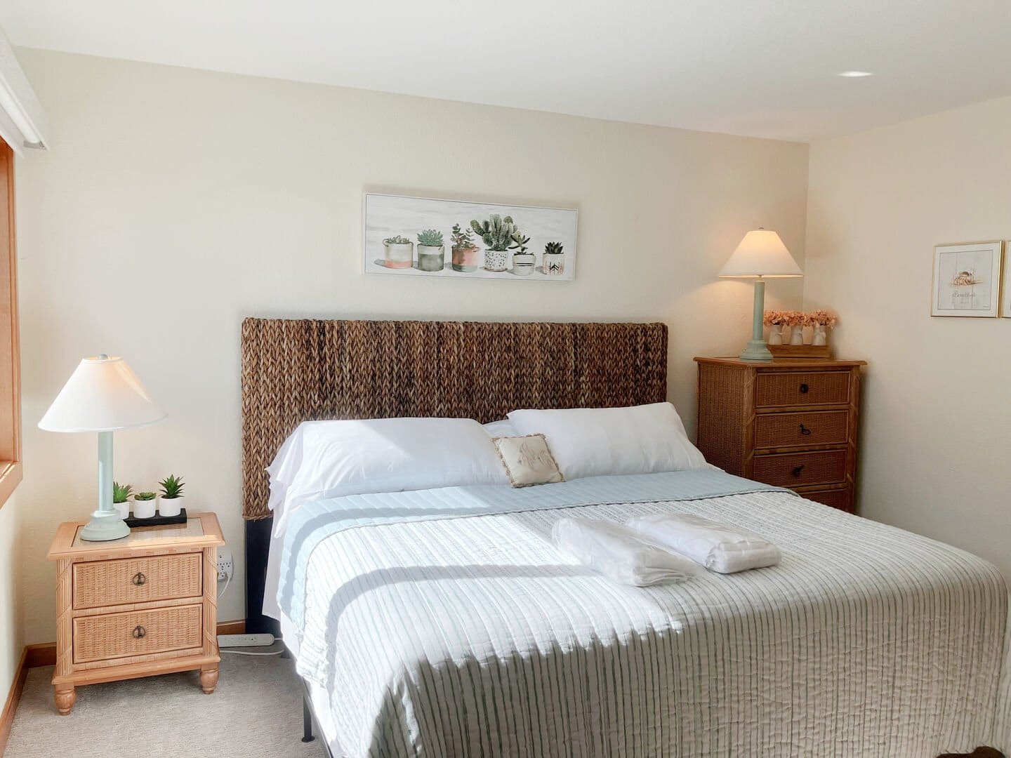 Cozy bedroom with wicker accents.