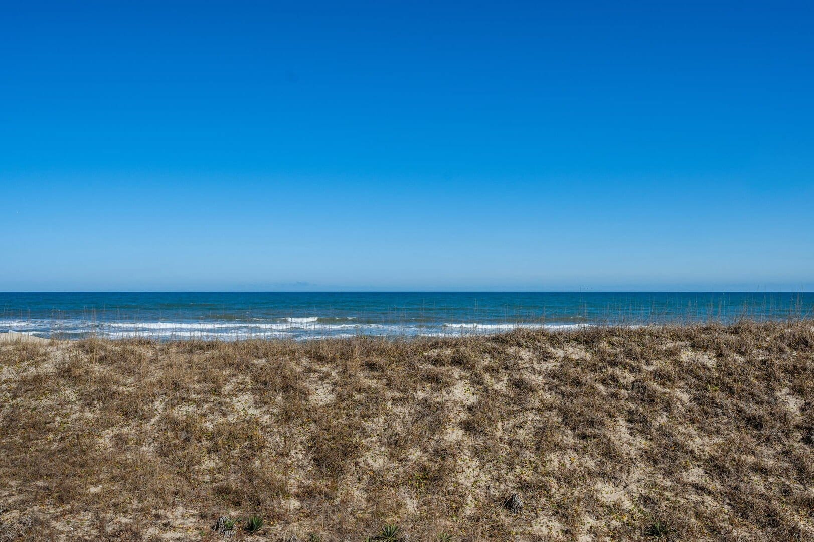Ocean view over sandy dunes.