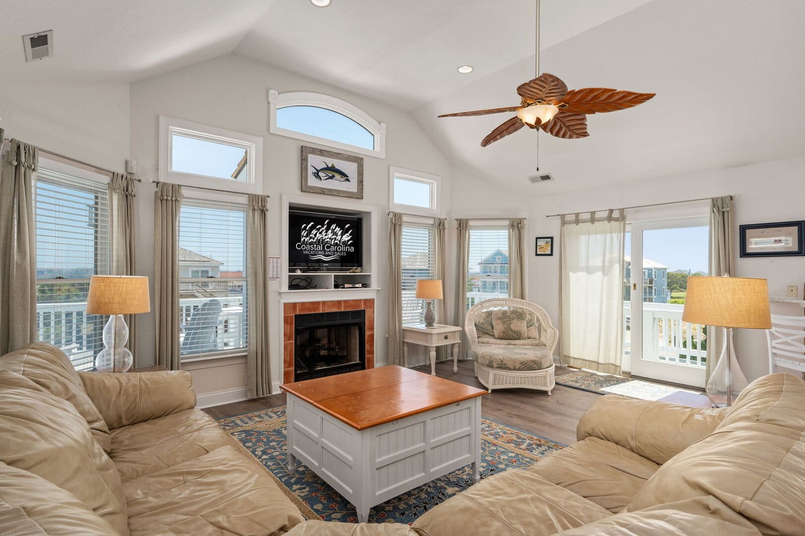 Bright living room with coastal decor.