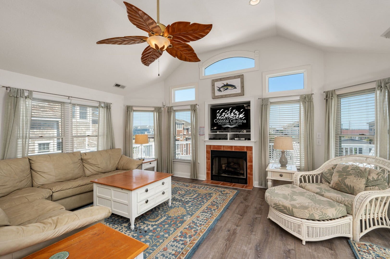Bright coastal living room interior.