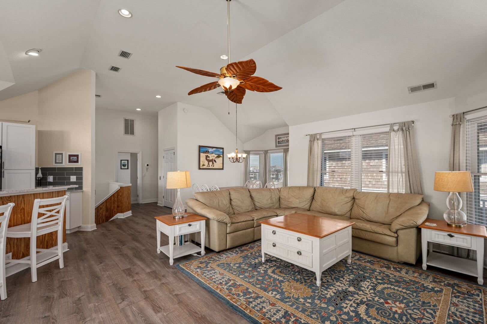 Living room with beige sofa.