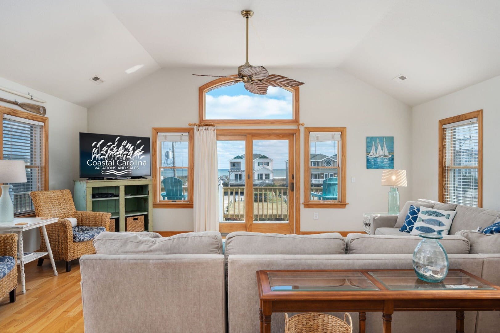 Coastal living room with ocean view.