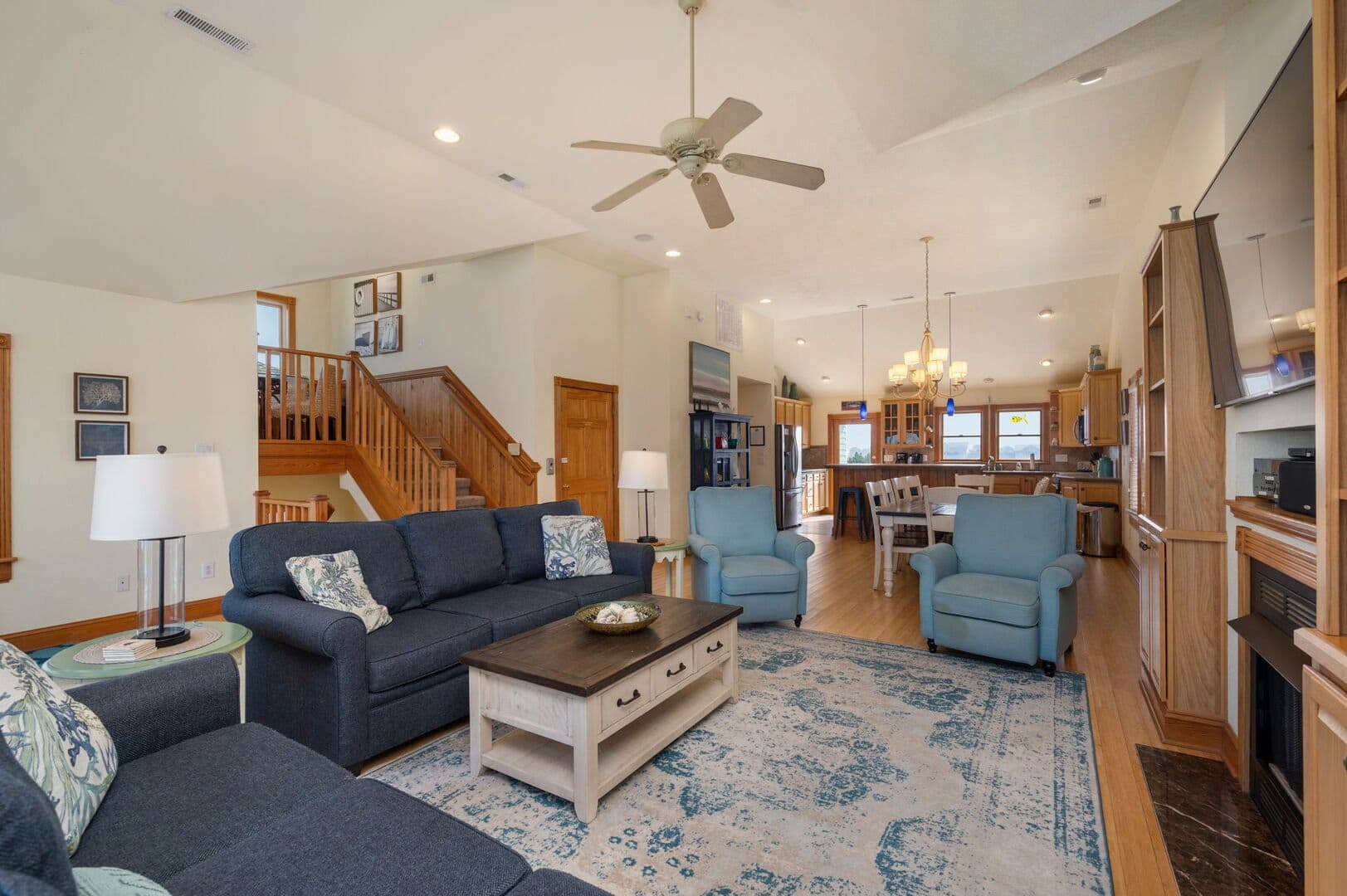 Spacious living room with kitchen.