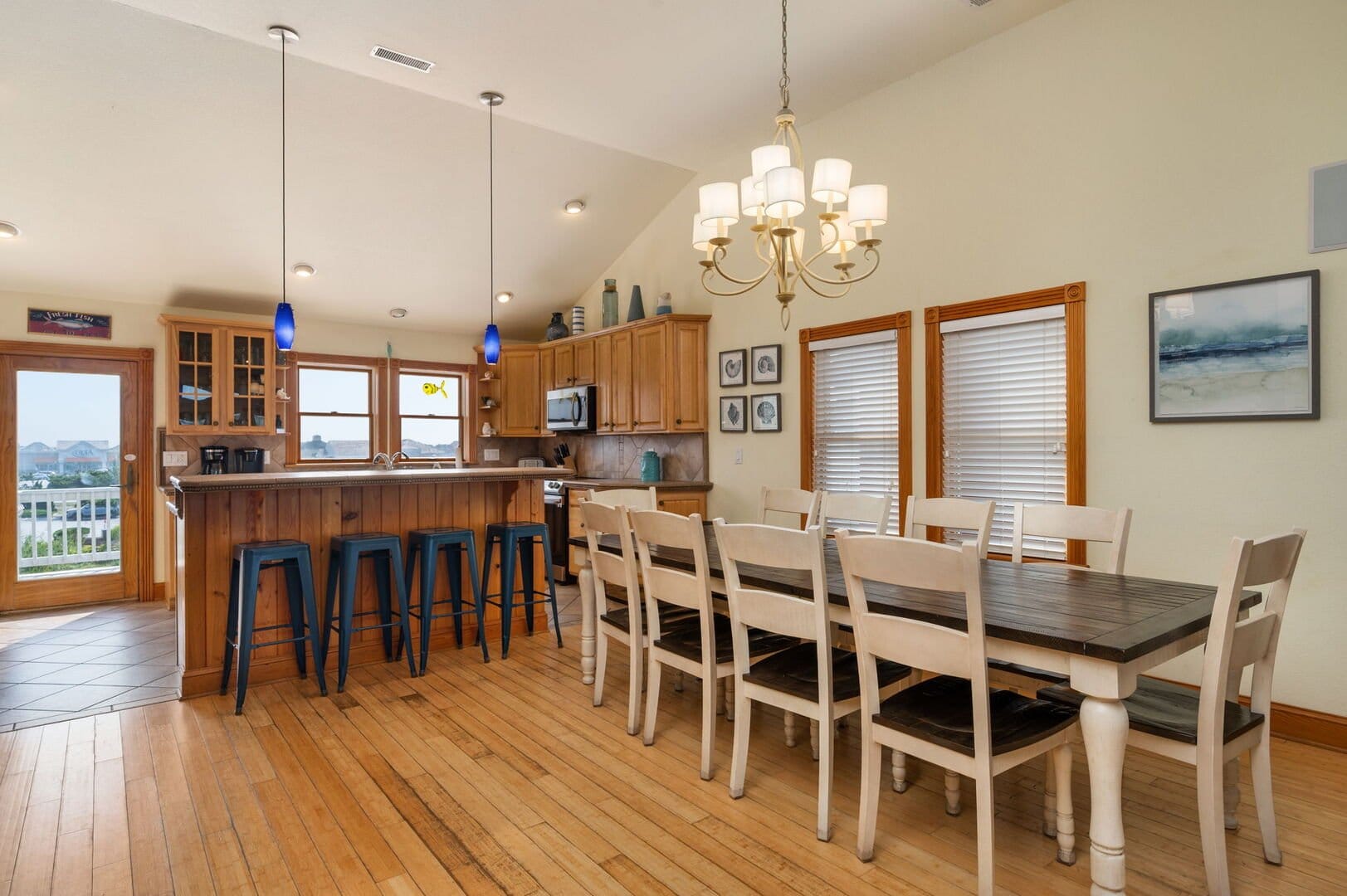 Dining area with wooden furniture.