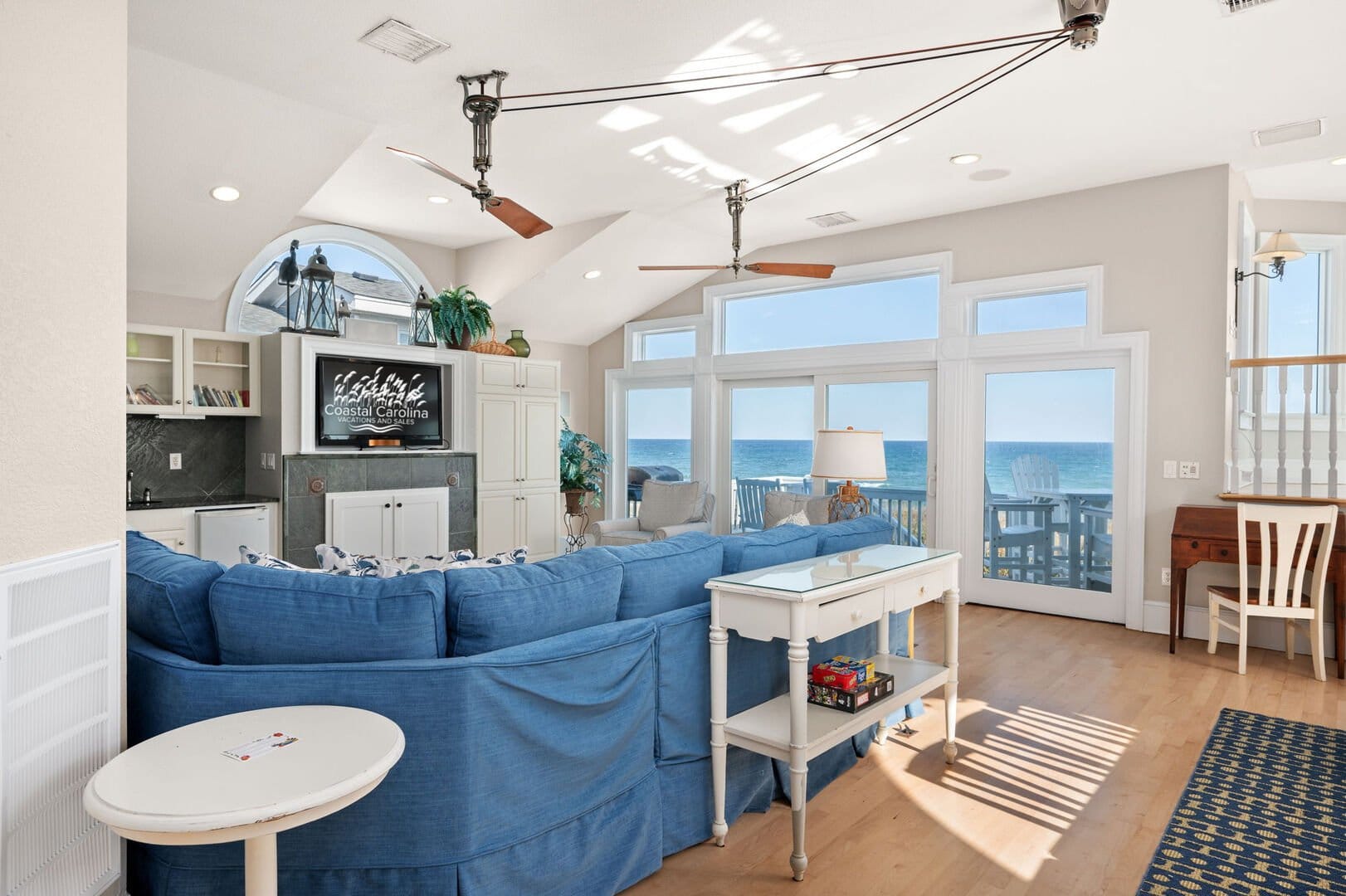Bright living room with ocean view.