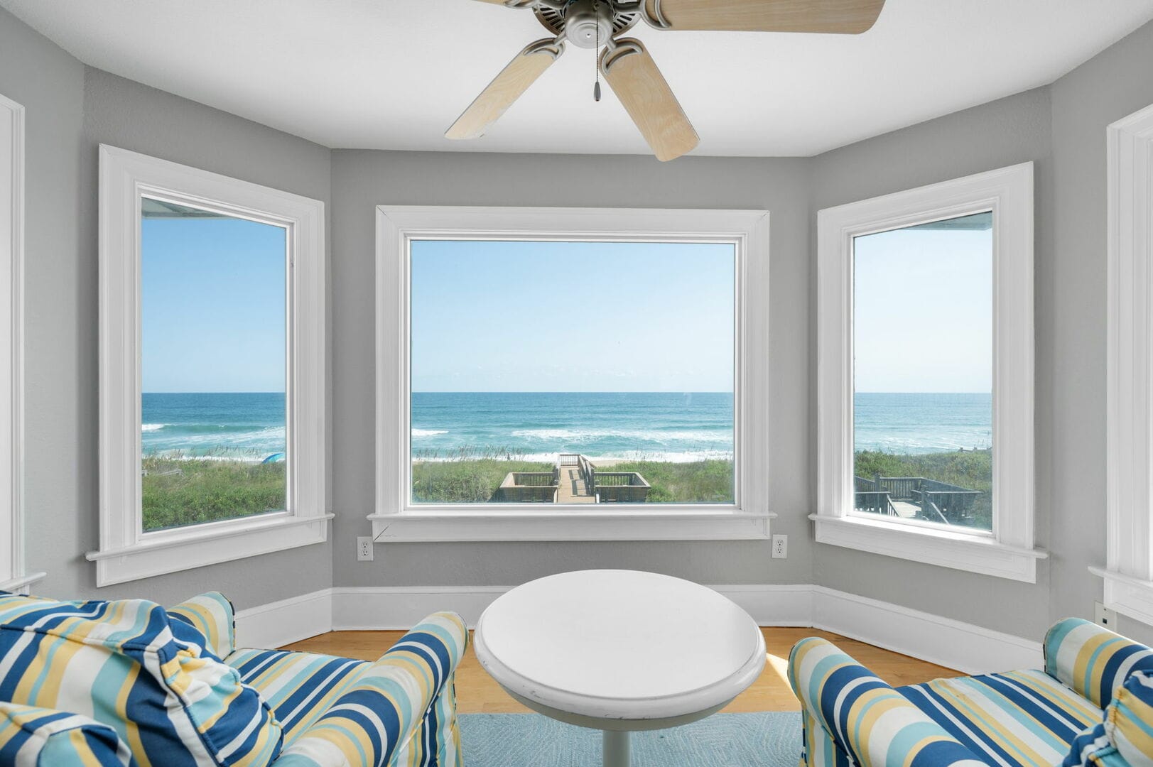 Ocean view through bay windows.