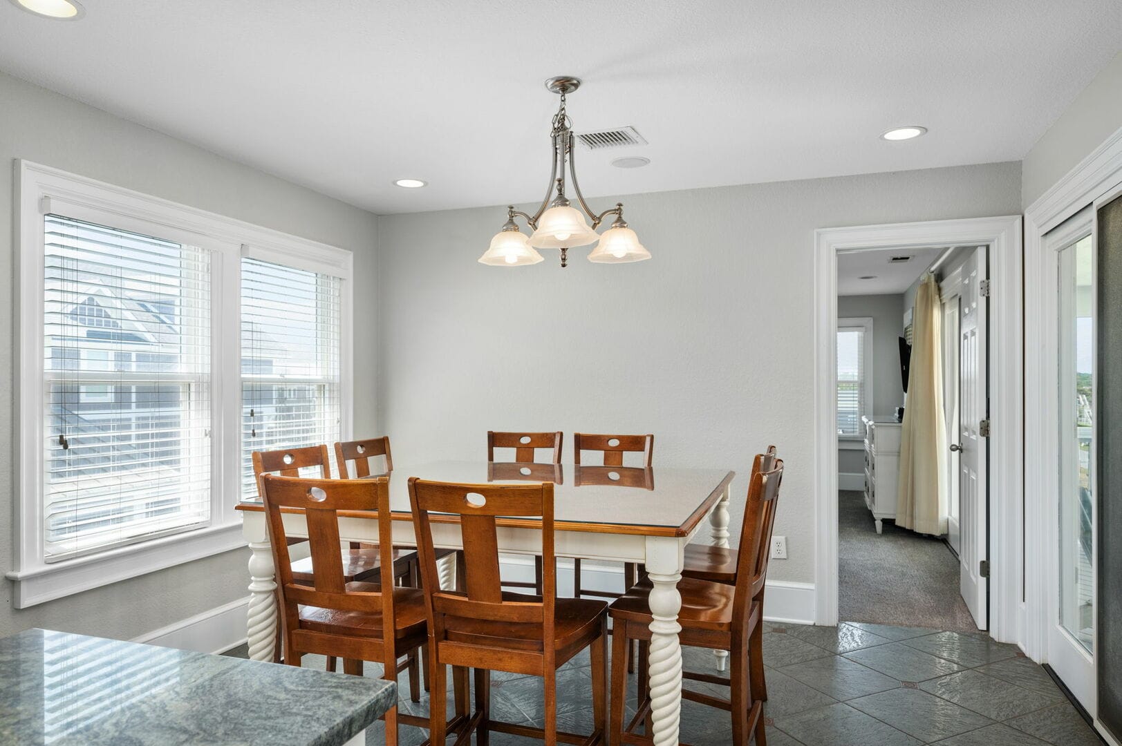 Dining room with wooden table.