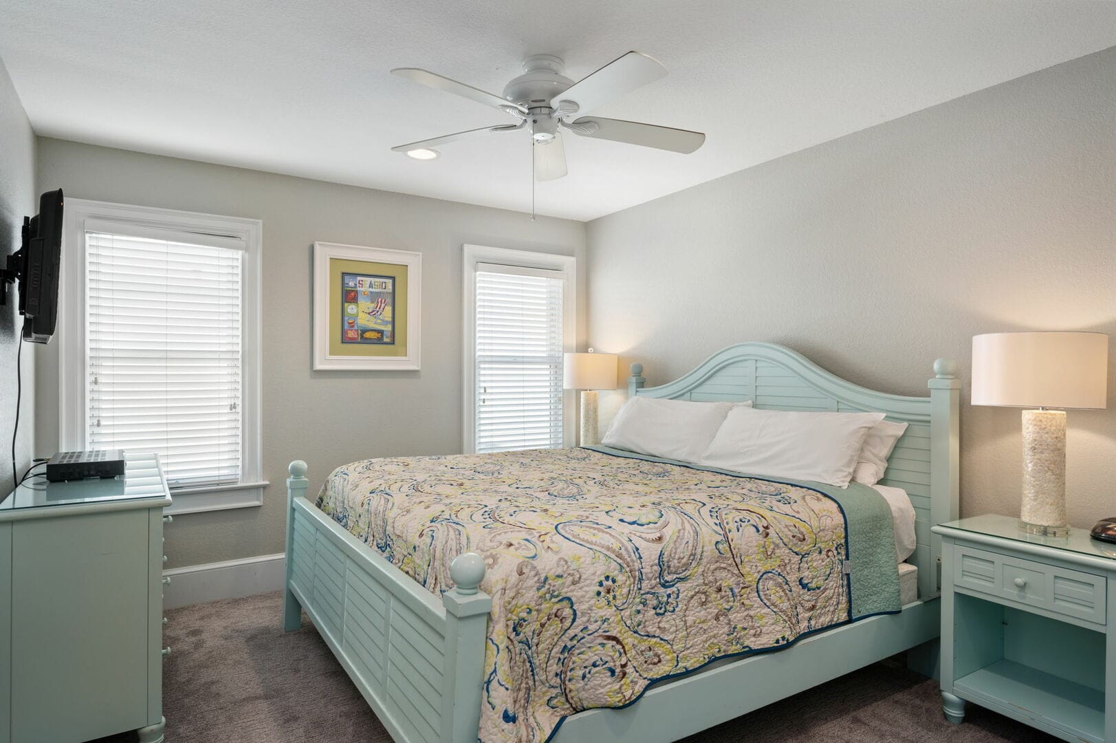 Bedroom with pastel decor.