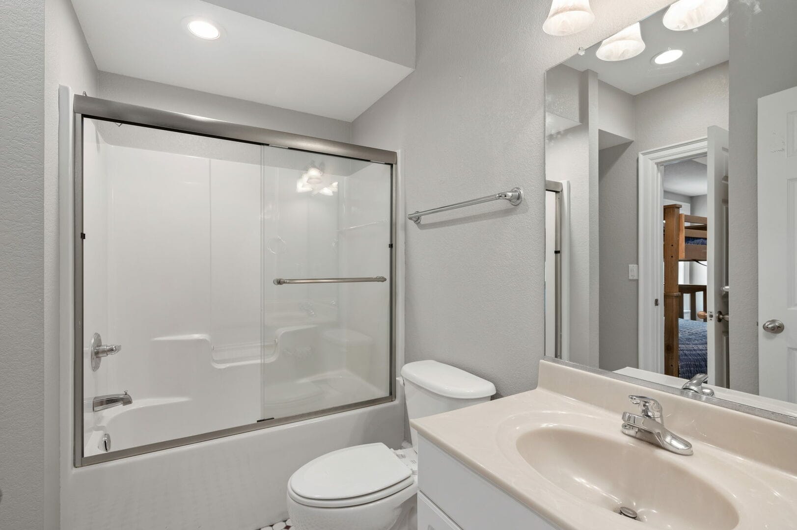 Modern bathroom with glass shower.