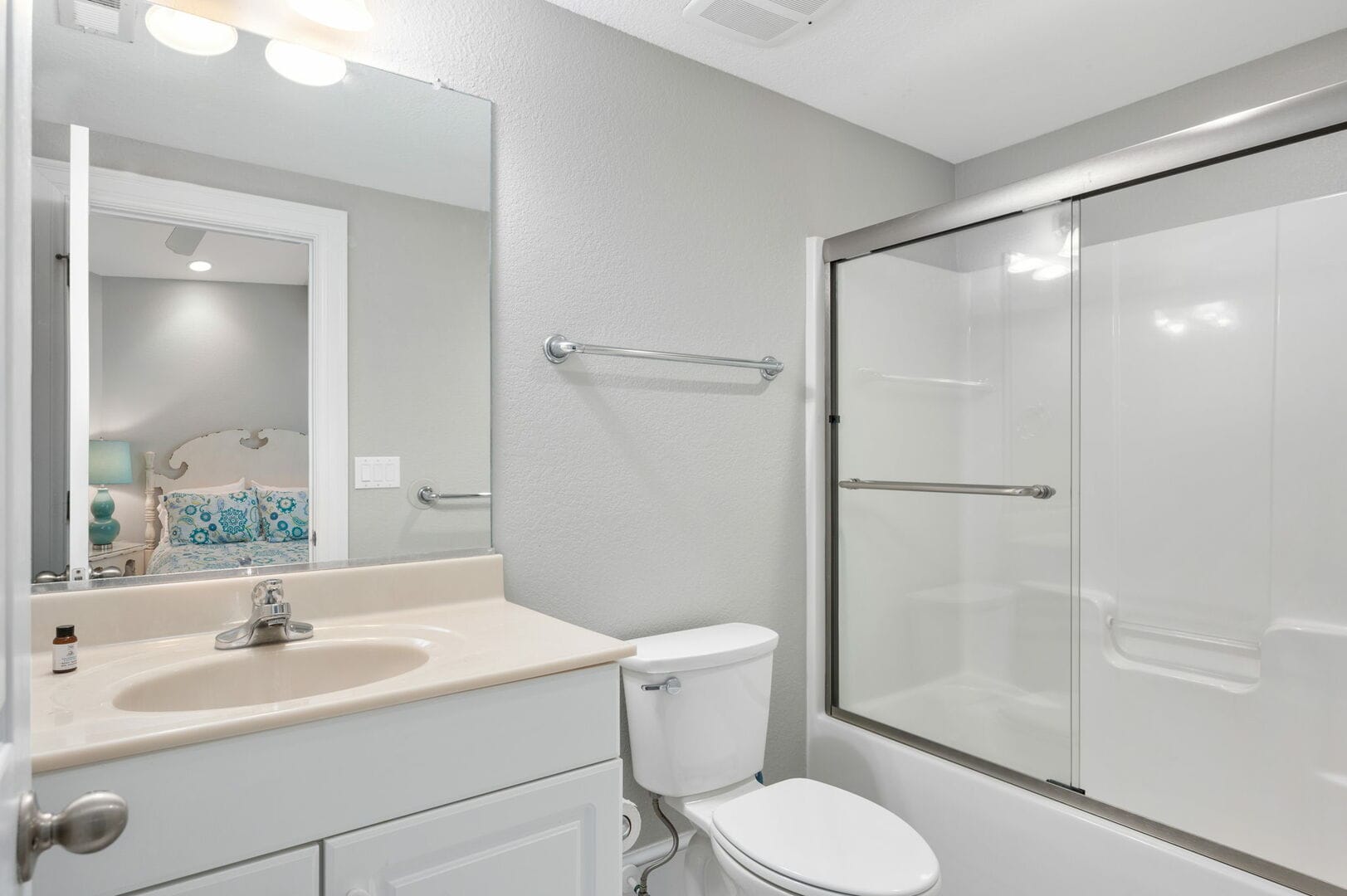 Modern bathroom with glass shower.