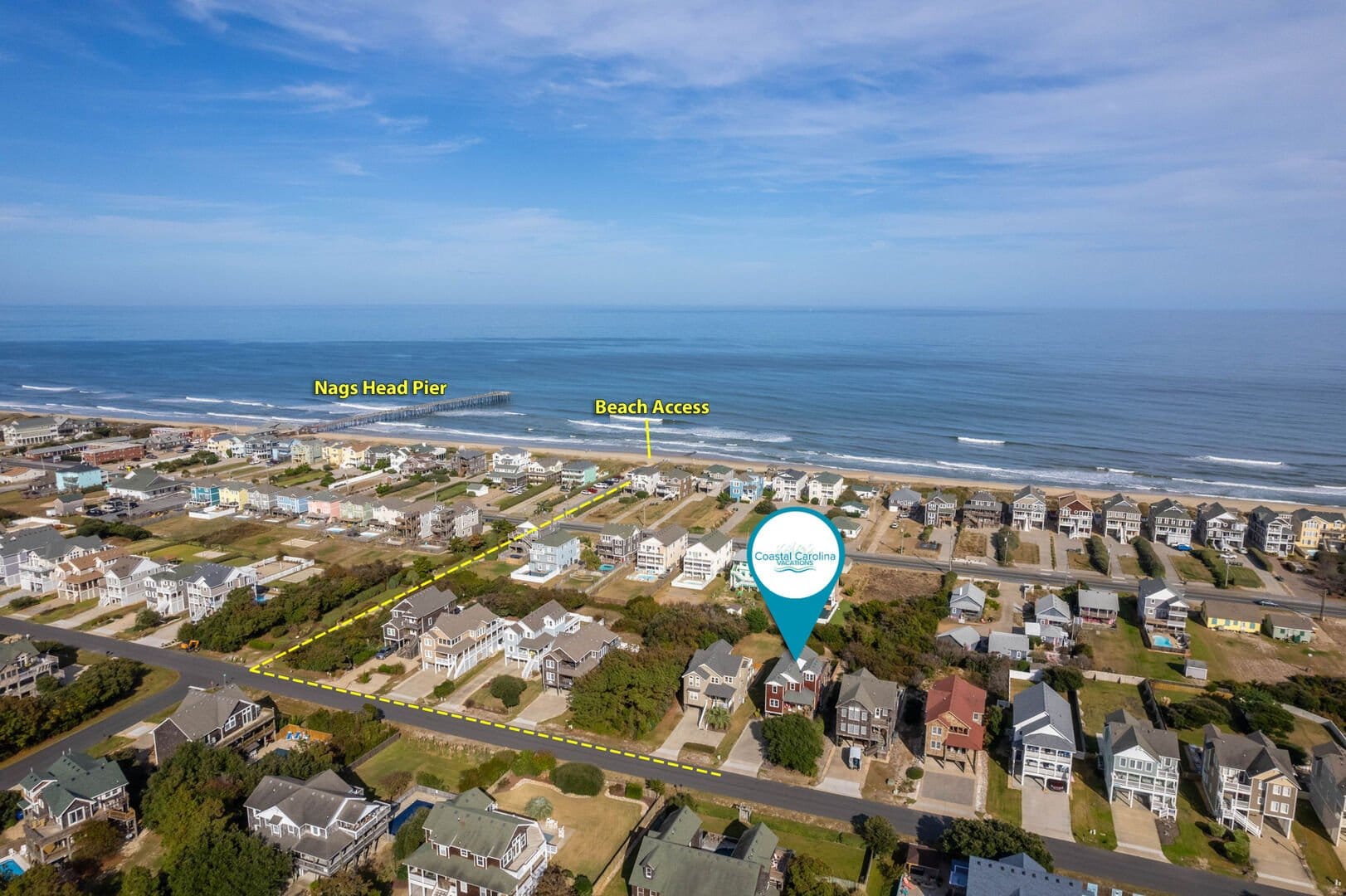Aerial view of beach houses.