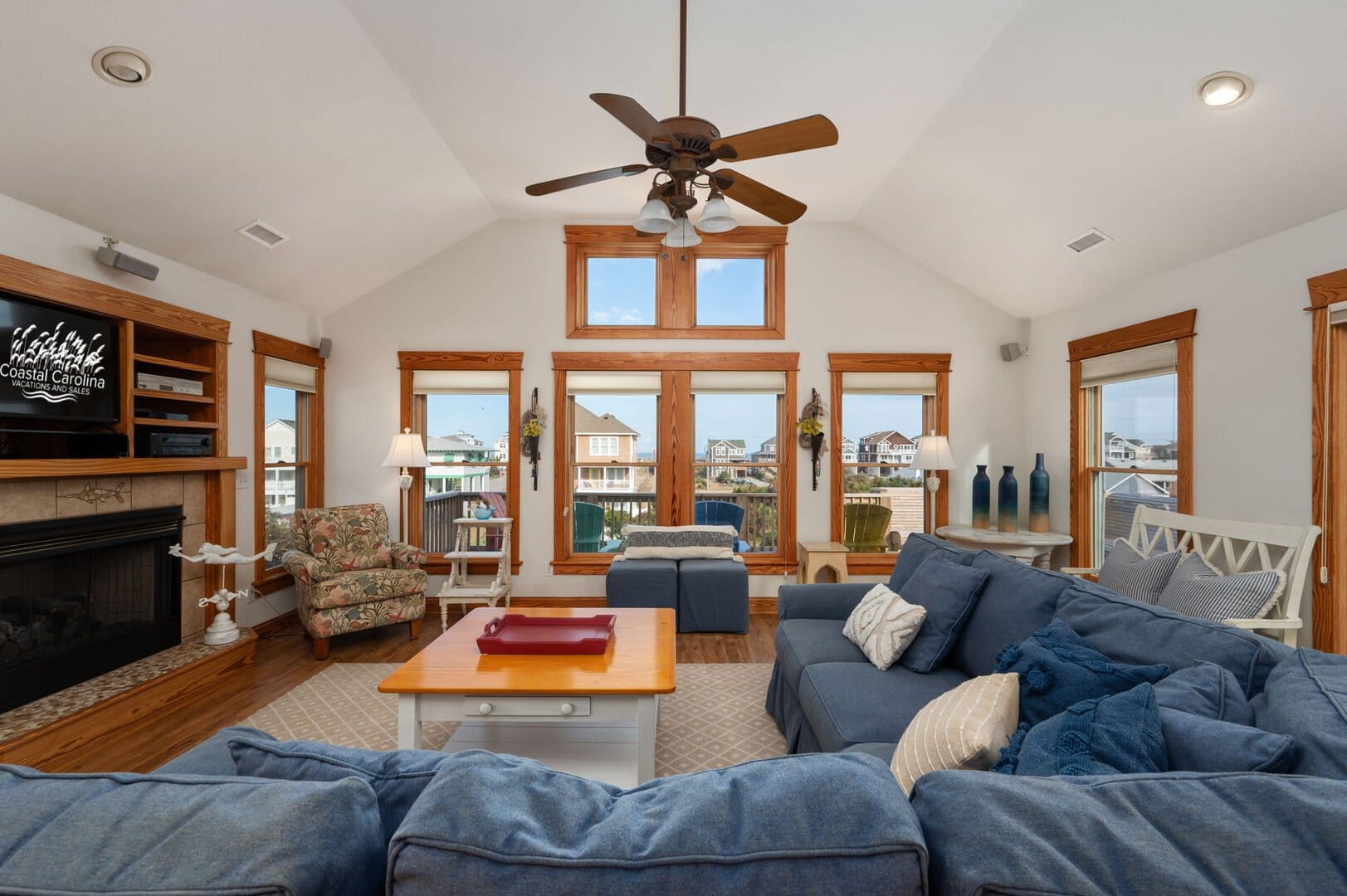 Cozy living room with coastal decor.